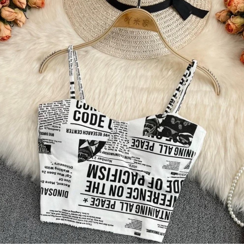 📰 NEW Ladies Cute Layering Newspaper Print Push Up Built In Bra Top